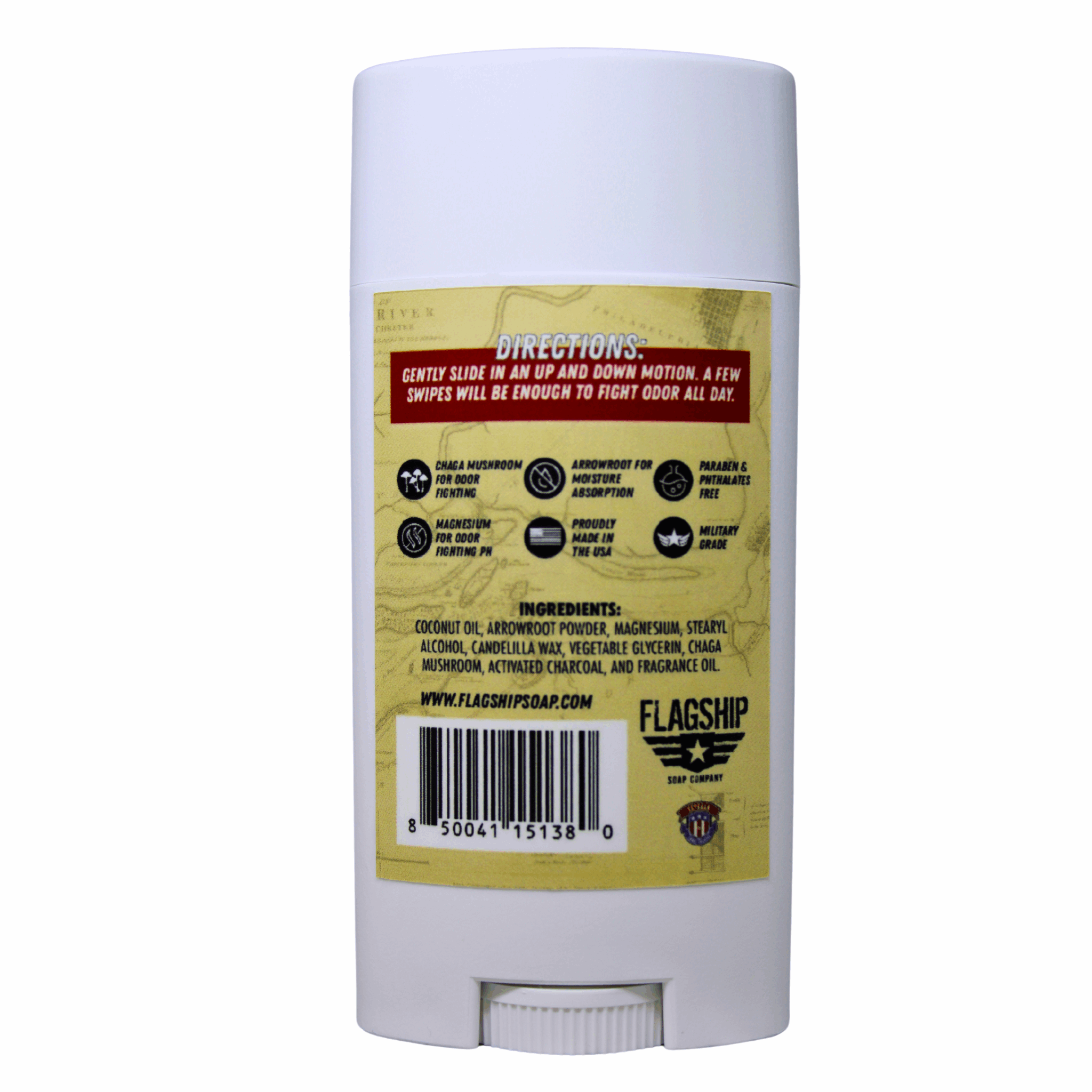 Back of product: Ingredients and product benefits of 1776 Natural Deodorant.