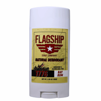 Front of product: 1776 Bay Rum Natural Deodorant in a vintage, classic design.