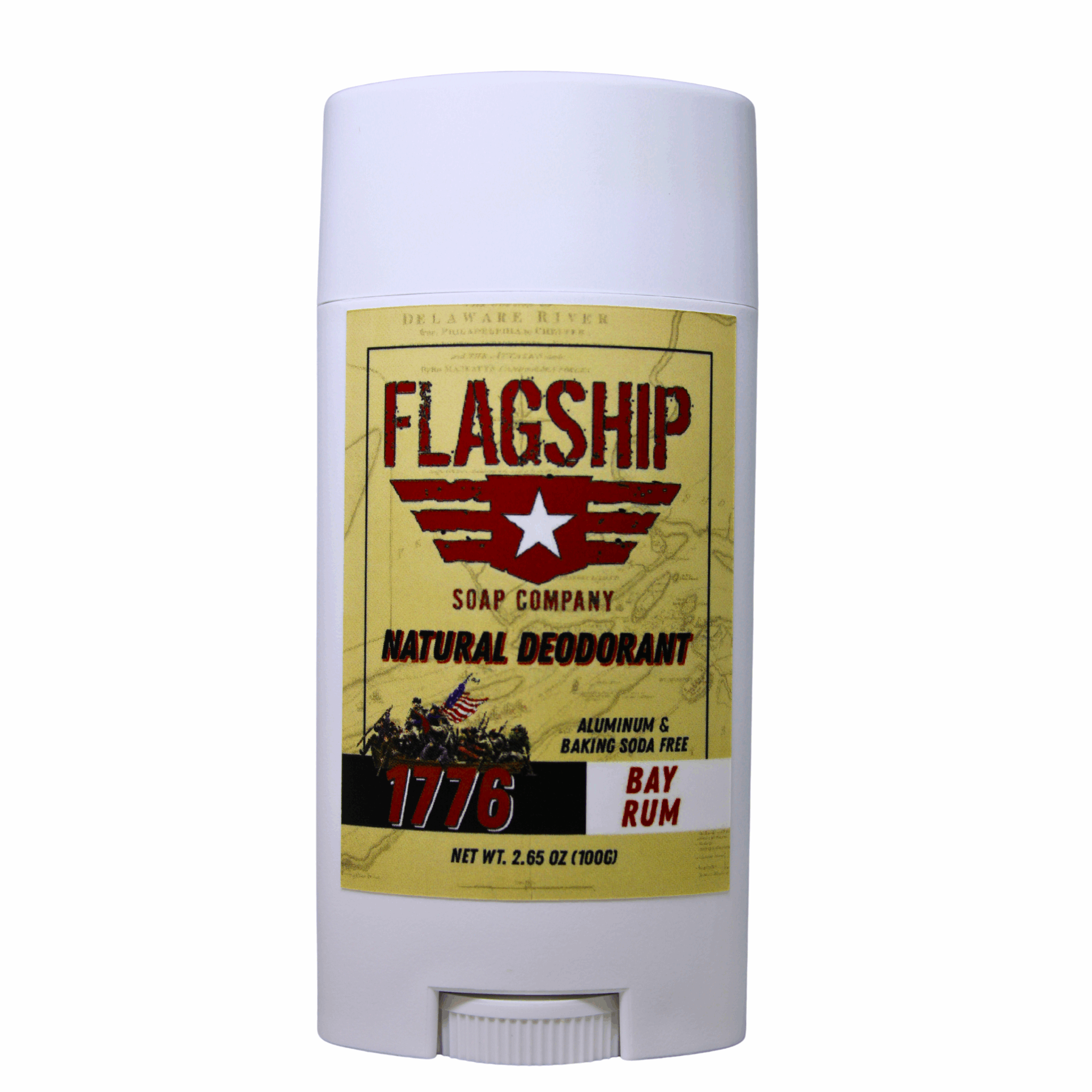 Front of product: 1776 Bay Rum Natural Deodorant in a vintage, classic design.