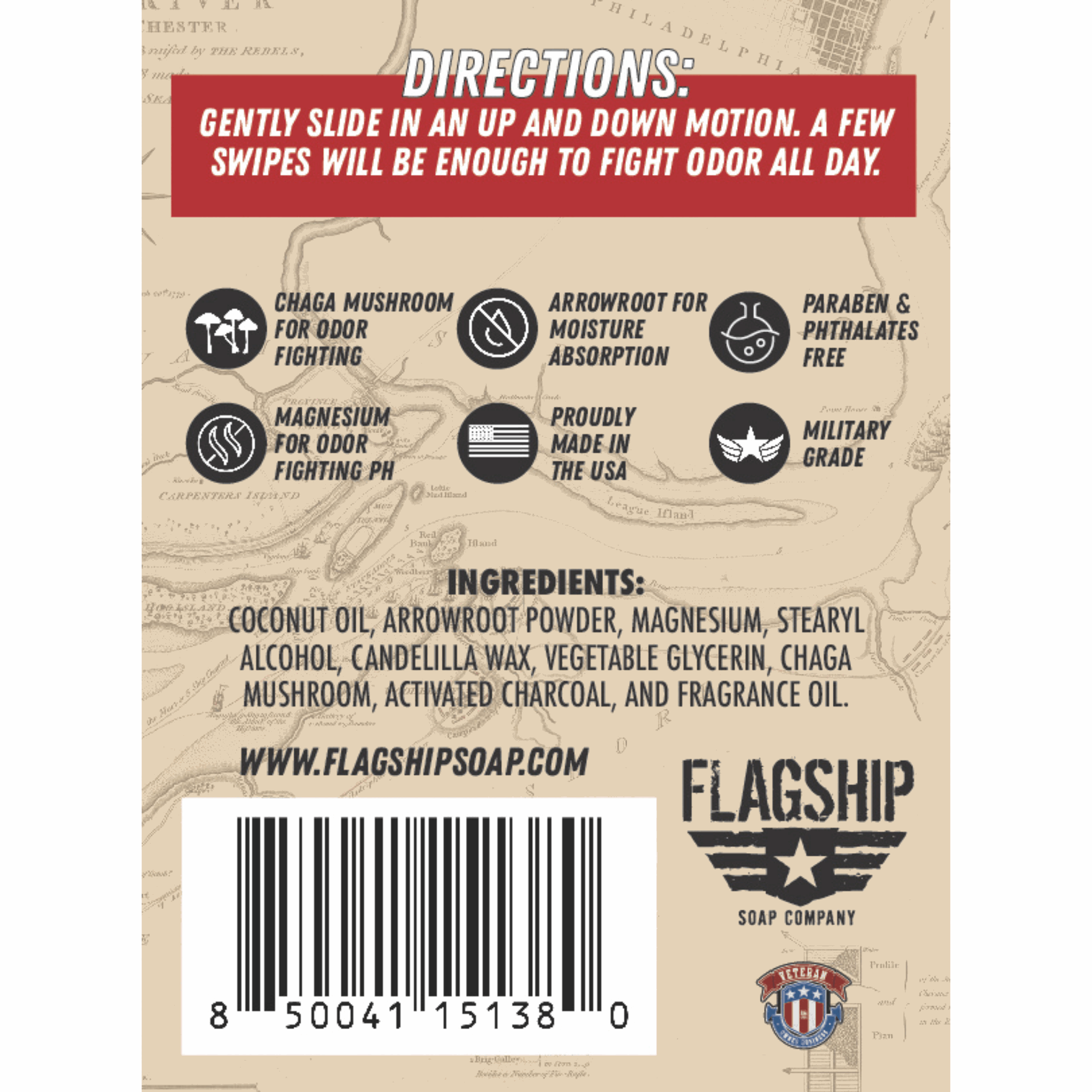 Back Label: Ingredients and product benefits of 1776 Natural Deodorant.