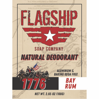 Front Label: 1776 Bay Rum Natural Deodorant in a vintage, classic design.