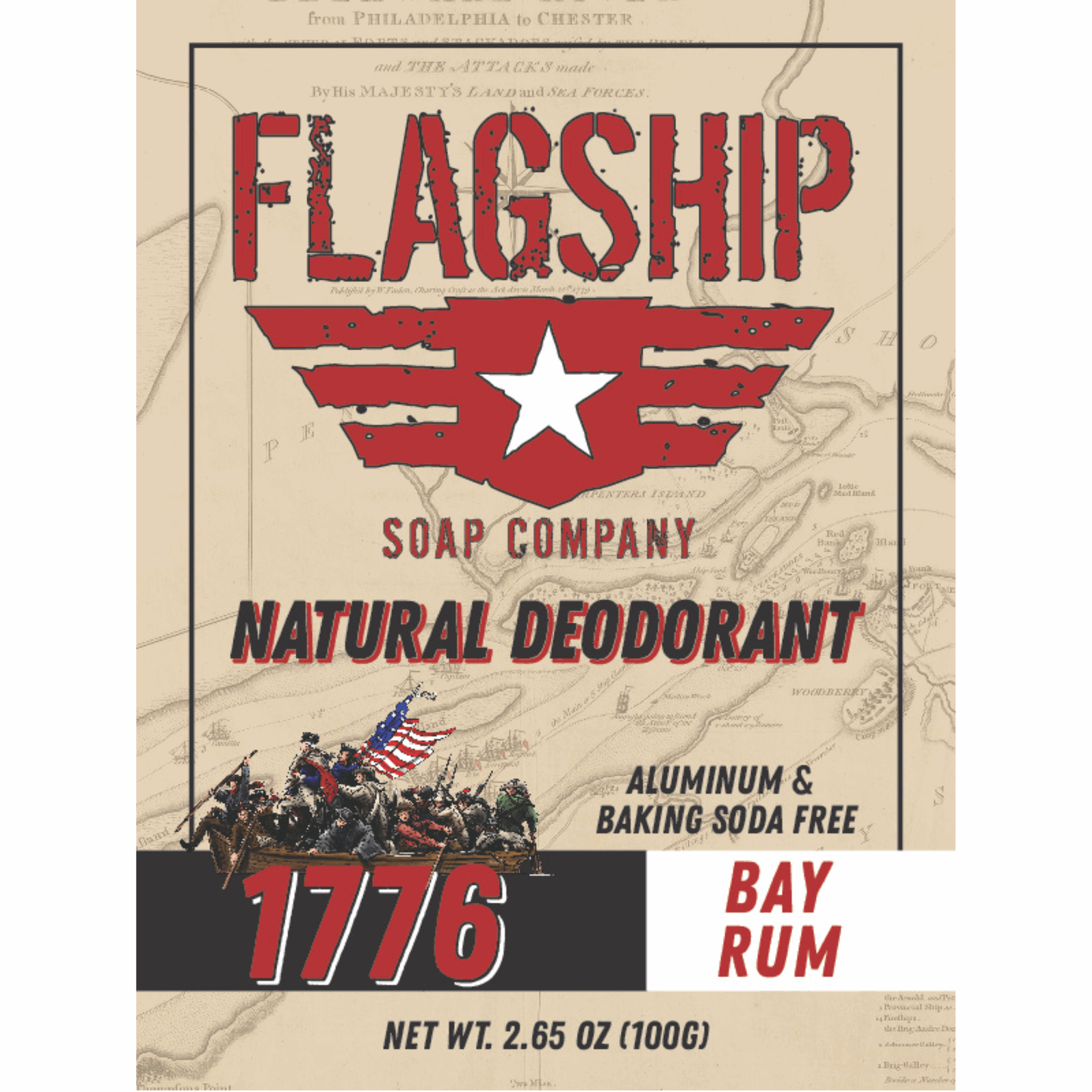 Front Label: 1776 Bay Rum Natural Deodorant in a vintage, classic design.