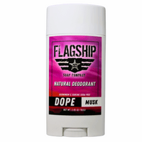 Front of product (No Watermark): DOPE Musk Natural Deodorant in a bold and trendy design.