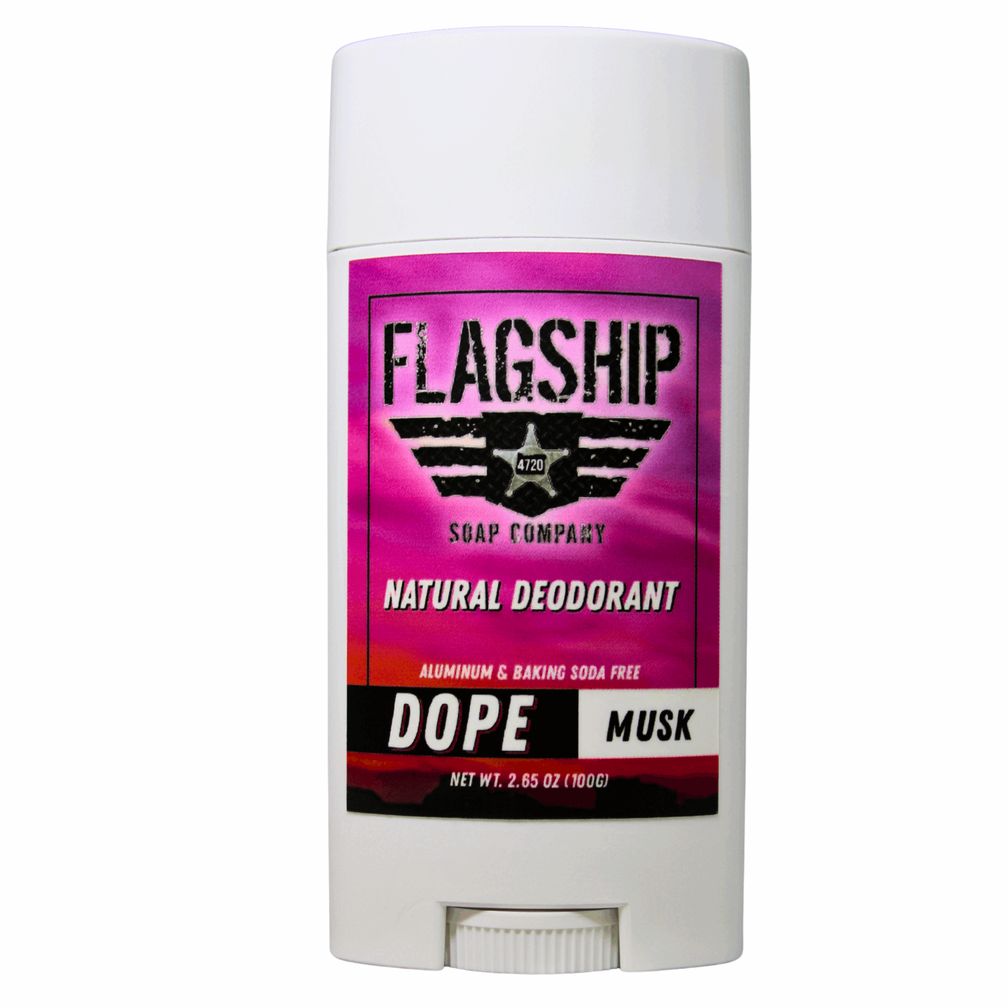 Front of product (No Watermark): DOPE Musk Natural Deodorant in a bold and trendy design.