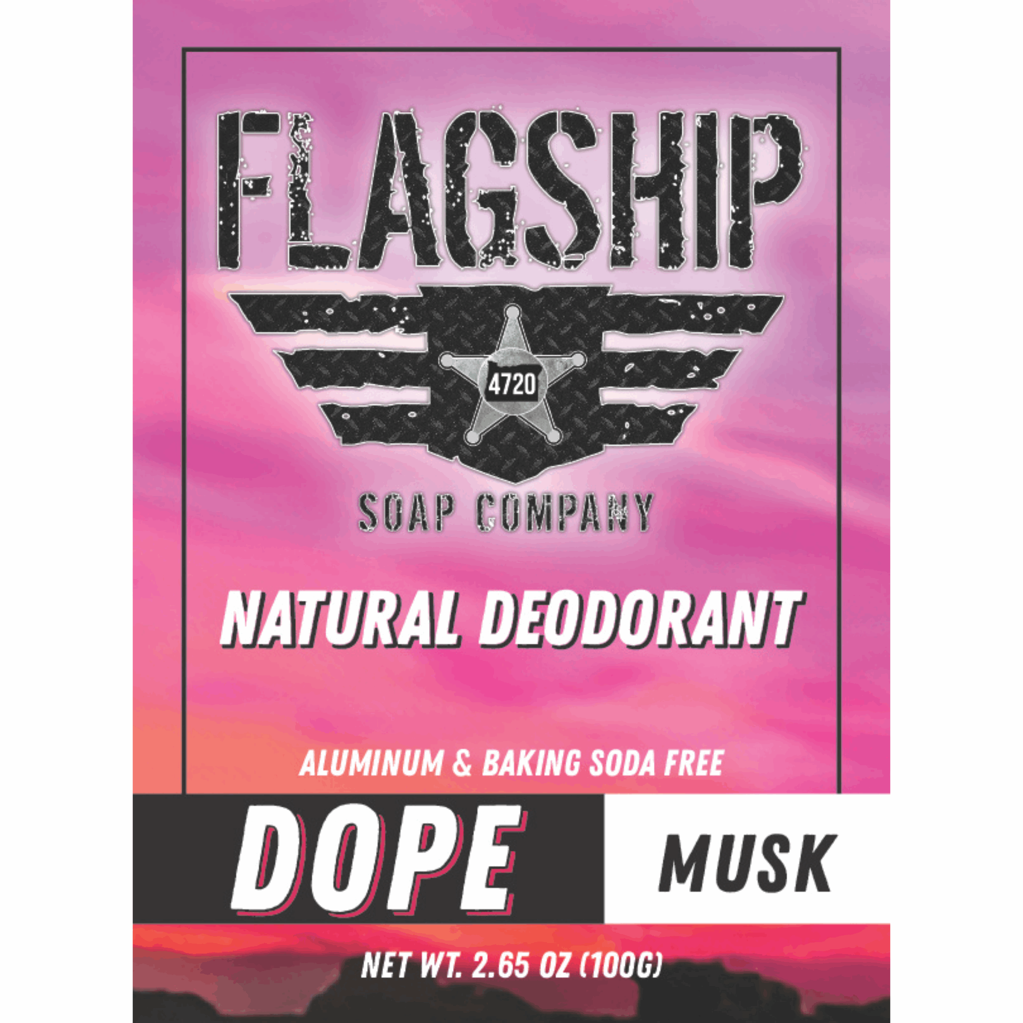 Front Label: DOPE Musk Natural Deodorant in a bold and trendy design.