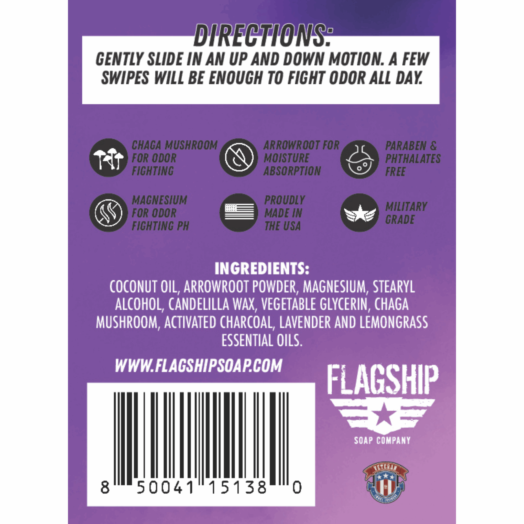 Back Label: Ingredient list and benefits of Smooth Operator Deodorant.