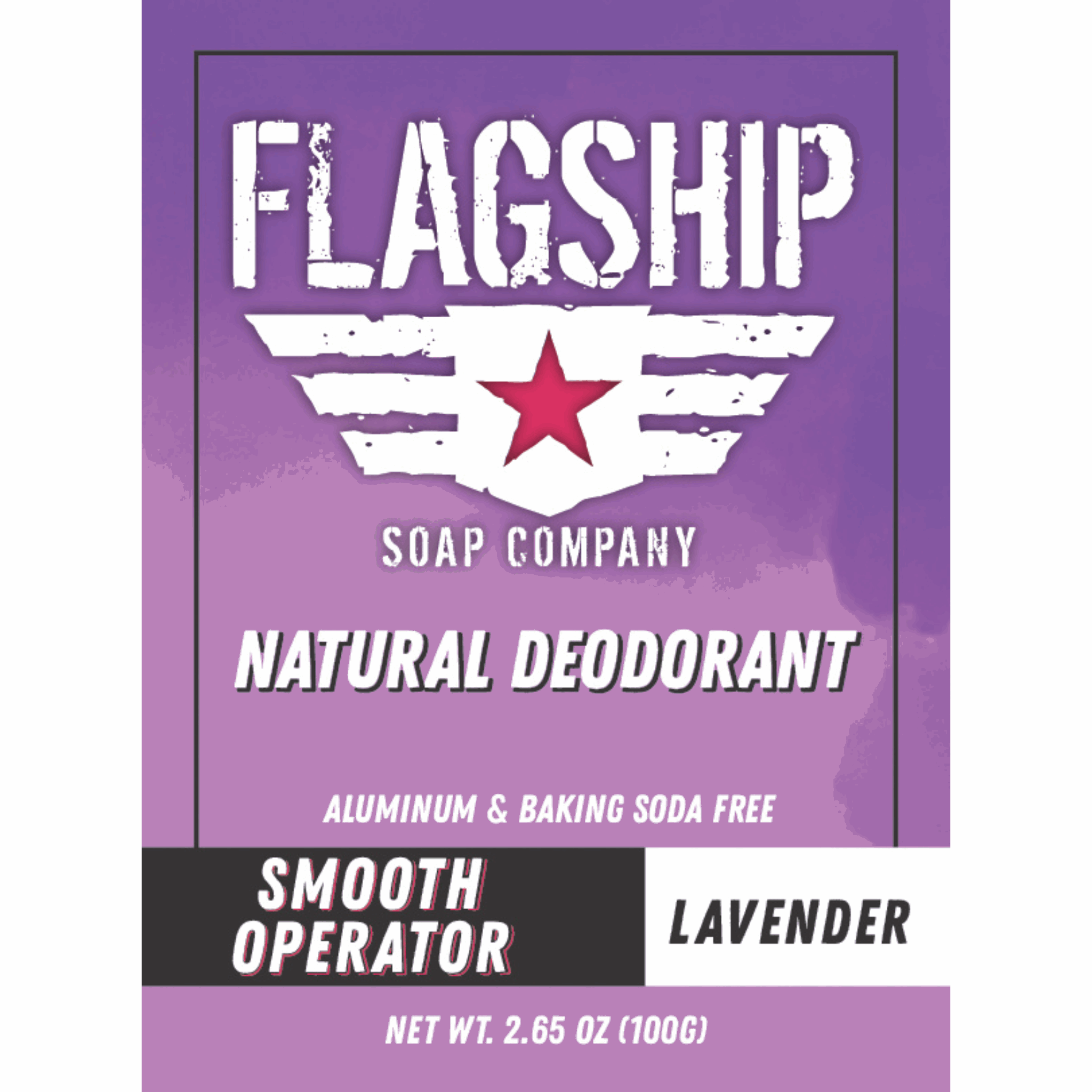 Front Label: Smooth Operator Lavender & Lemongrass Natural Deodorant in a fresh, nature-inspired design.