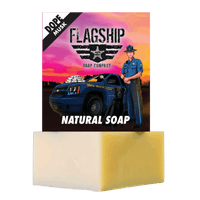 Picture of Flagship Soap Company Natural Soap Dope with a bar of soap and the front of the soap box with an artist rendition of Oregon State Trooper Greg Walker and his K9 partner