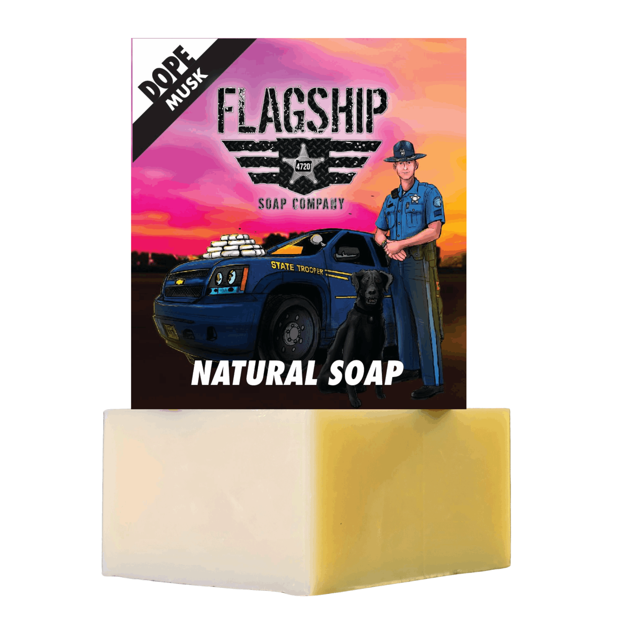 Picture of Flagship Soap Company Natural Soap Dope with a bar of soap and the front of the soap box with an artist rendition of Oregon State Trooper Greg Walker and his K9 partner