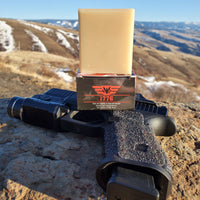 1776 Patriot And Company Natural Handmade Men's Soap Bay Rum overlooking Riggins, Idaho with gun