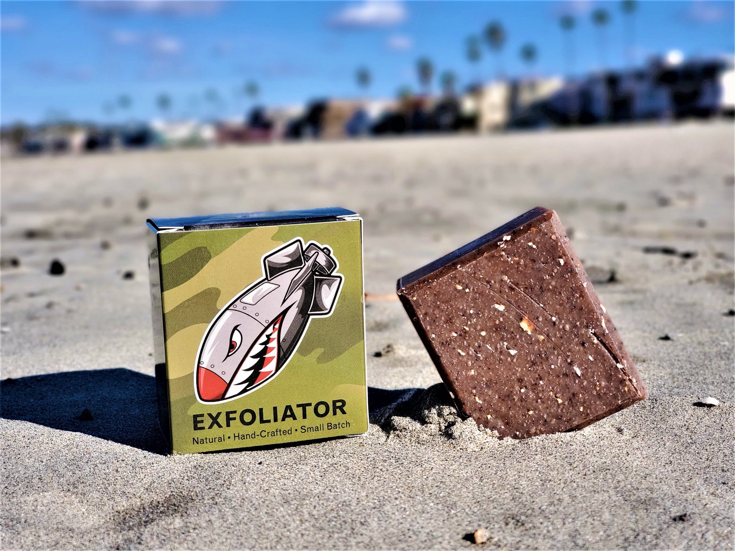 Exfoliator exfoliating natural men's soap by Patriot and Company on the beach in San Diego California