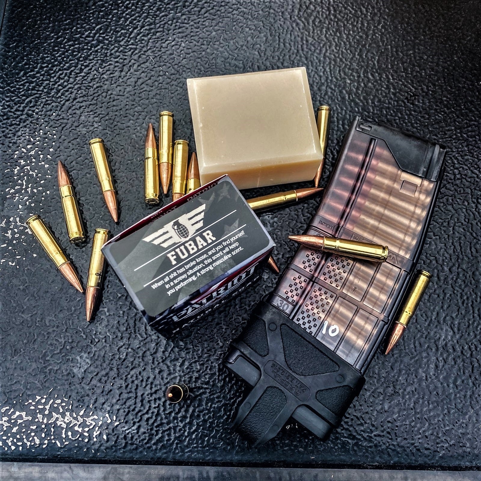 FUBAR Natural Men's Soap Patriot and Company Soap Front Soap Box and bar of soap with black background and ammunition