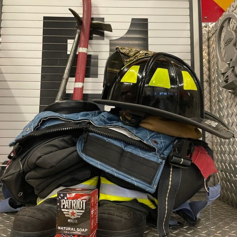 Hose Dragger natural men's soap for firefighters by Patriot and Company soap box and firefighter equipment at fire station in Idaho.