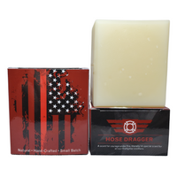 Hose Dragger natural men's soap for firefighters by Patriot and Company soap box and soap with white background.