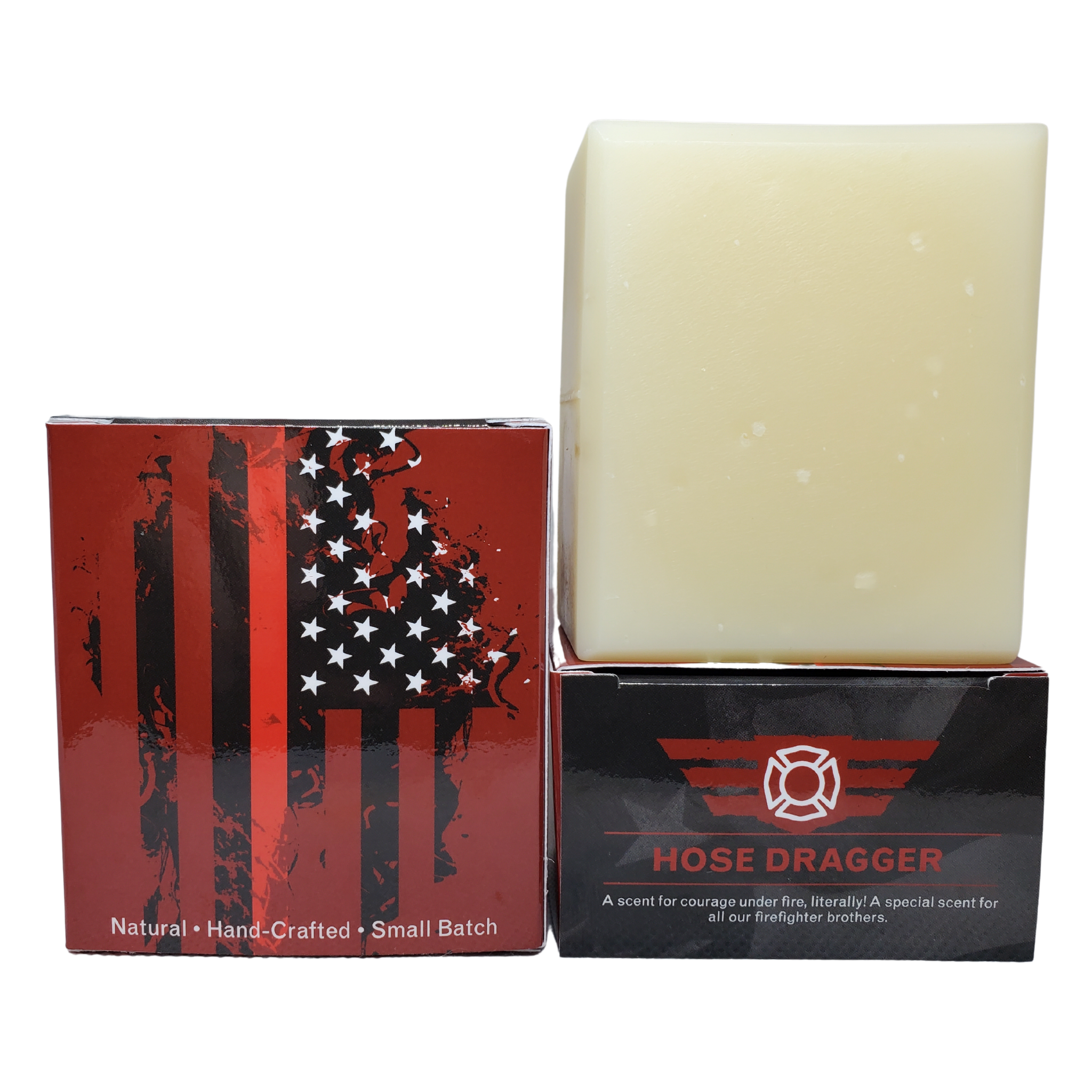 Hose Dragger natural men's soap for firefighters by Patriot and Company soap box and soap with white background.