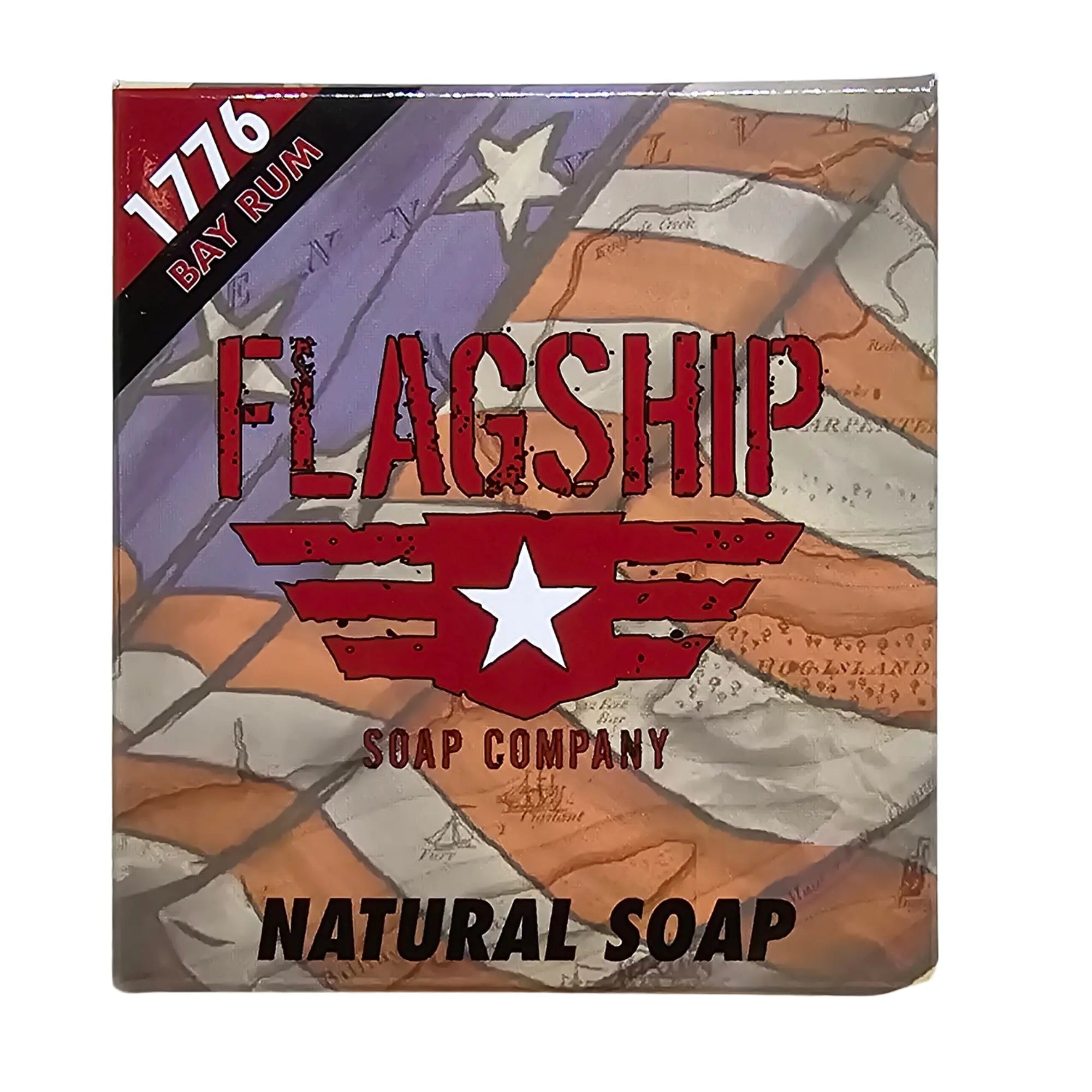 Back view of 1776 Bay Rum Natural Soap packaging by Flagship Soap Company, displaying the 5.56 oz weight and red winged star logo over a vintage American flag design.