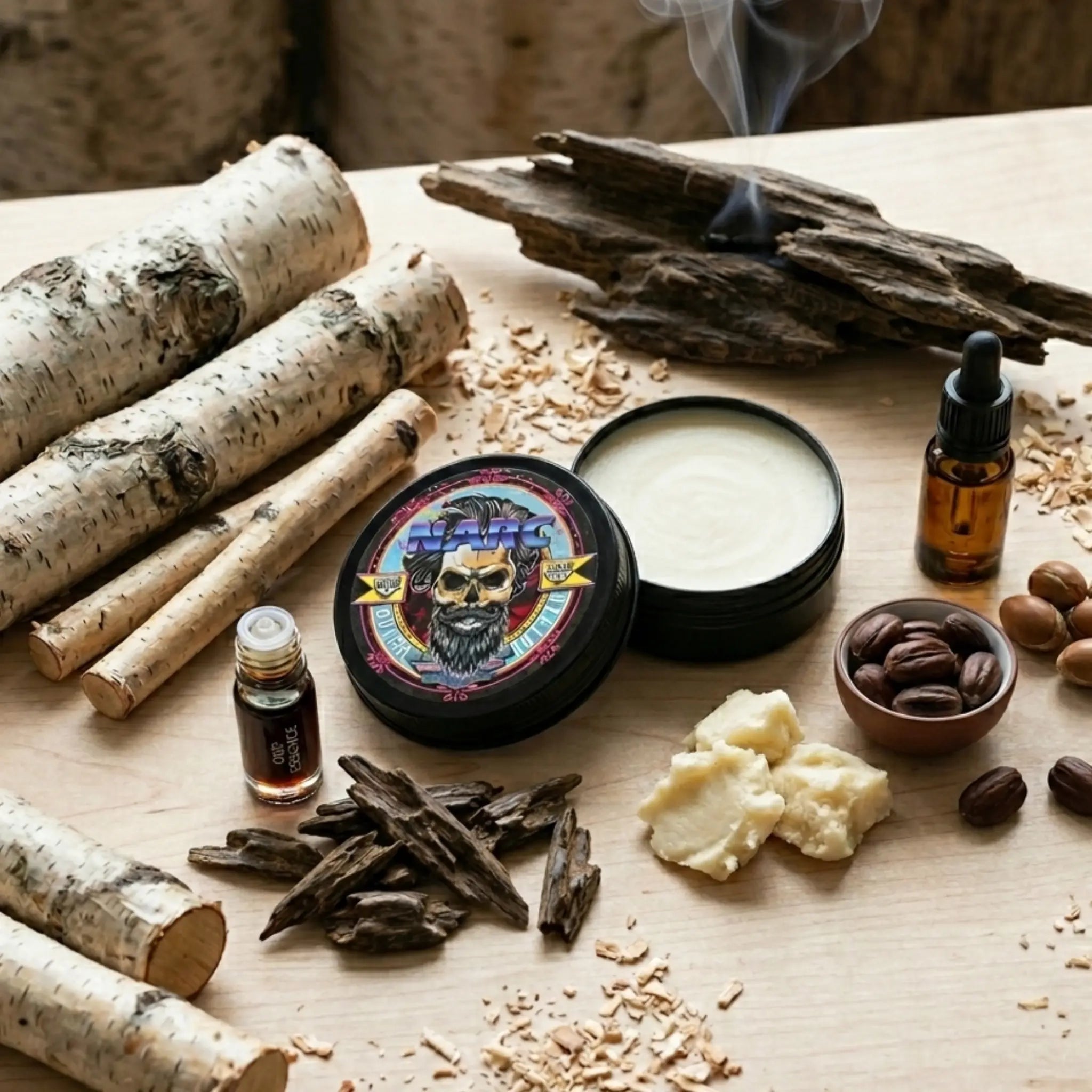 A tin of NARC Birchwood and Oud beard butter by Flagship Soap Company displayed with natural ingredients including birch logs, oud wood chips, shea butter, jojoba nuts, and essential oil droppers.