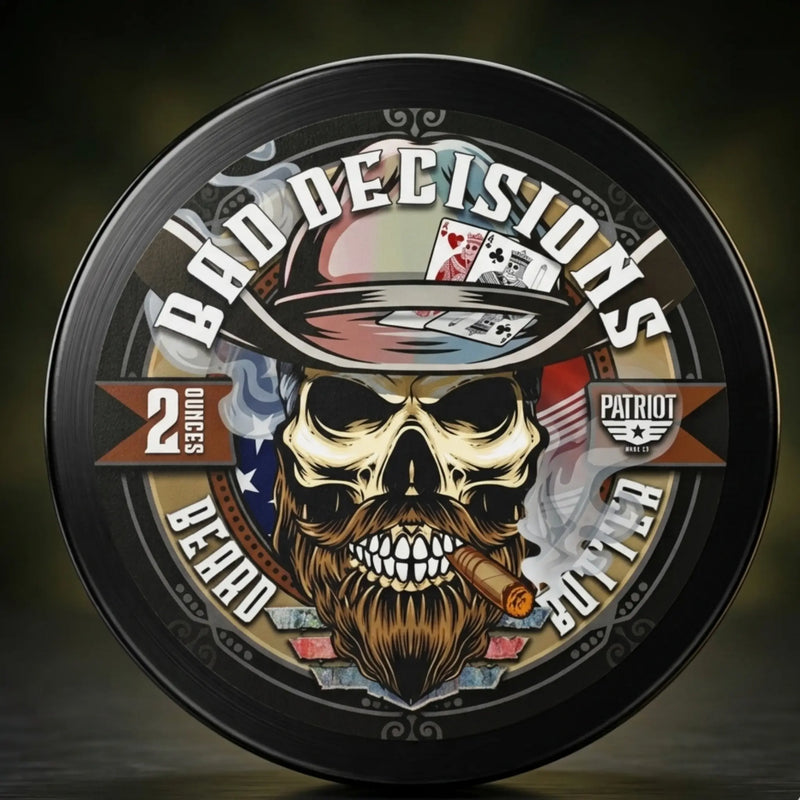 Bad Decisions beard butter in Whiskey and Bourbon scent featuring a bearded skull smoking a cigar with playing cards and gambling theme.