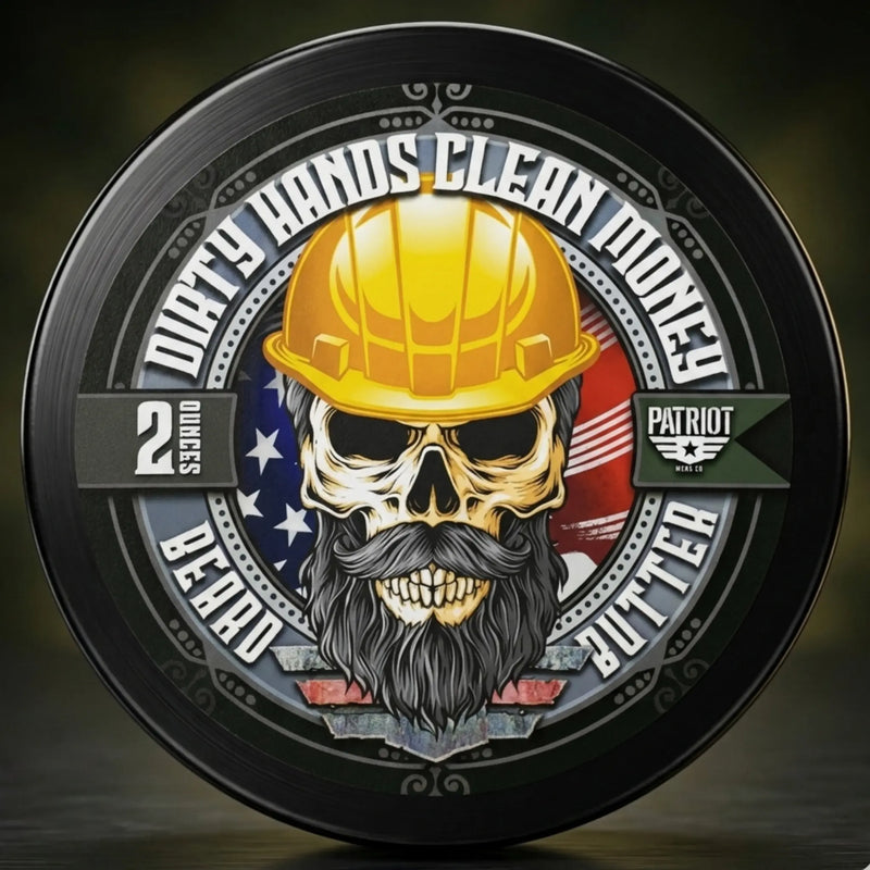 Dirty Hands Clean Money beard butter in Leather and Oakmoss scent featuring a bearded skull in a yellow tradesman hard hat.