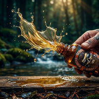 A high-speed, dynamic action shot showing golden, translucent Hipster Repellent Beard Oil by Flagship Soap Company splashing dramatically out of an amber bottle. A tattooed hand holds the bottle over a weathered wooden surface, set against a blurred background of a forest creek. This shot visually captures the natural energy and fresh scent of the citrus and cedarwood blend.