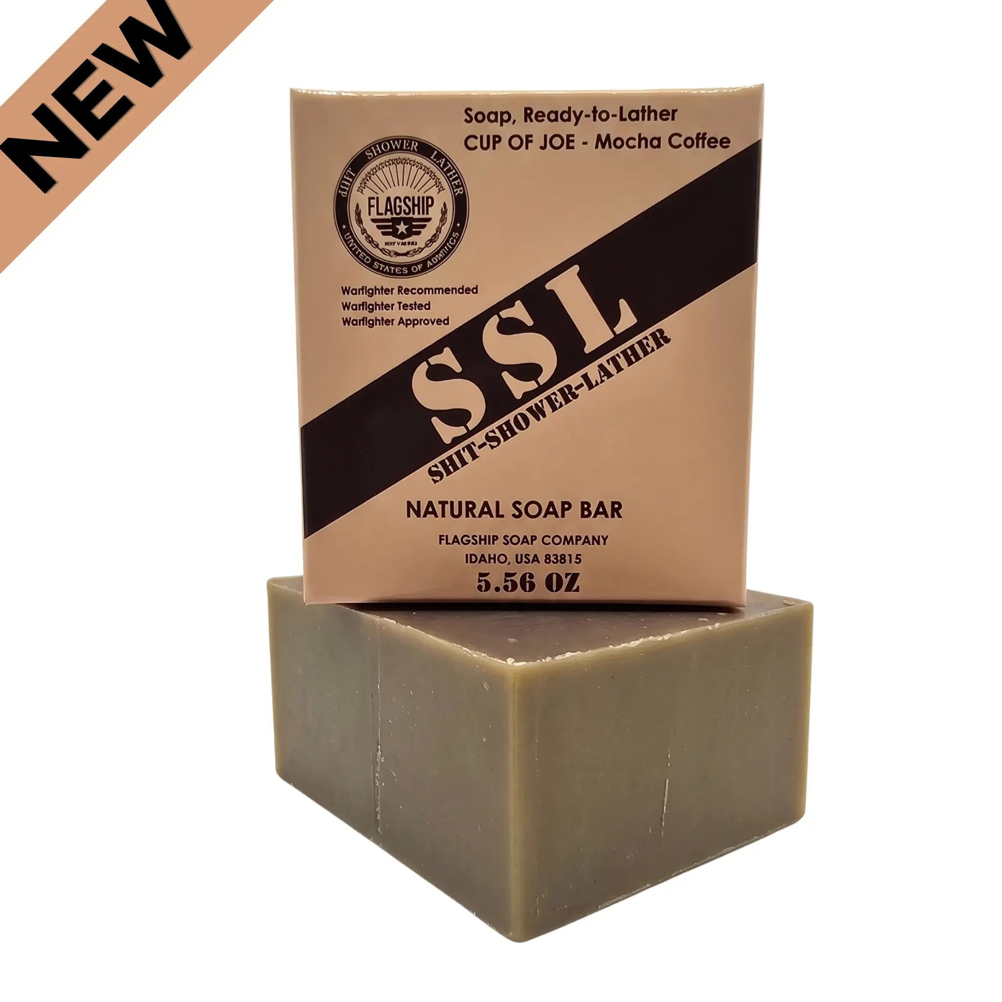Flagship Soap Company "Cup of Joe" natural mocha coffee soap bar (5.56 oz) in tan MRE-inspired packaging. Features "SSL: Shit-Shower-Lather" branding, Warfighter Tested endorsement, and medium exfoliation with real coffee grounds. NEW