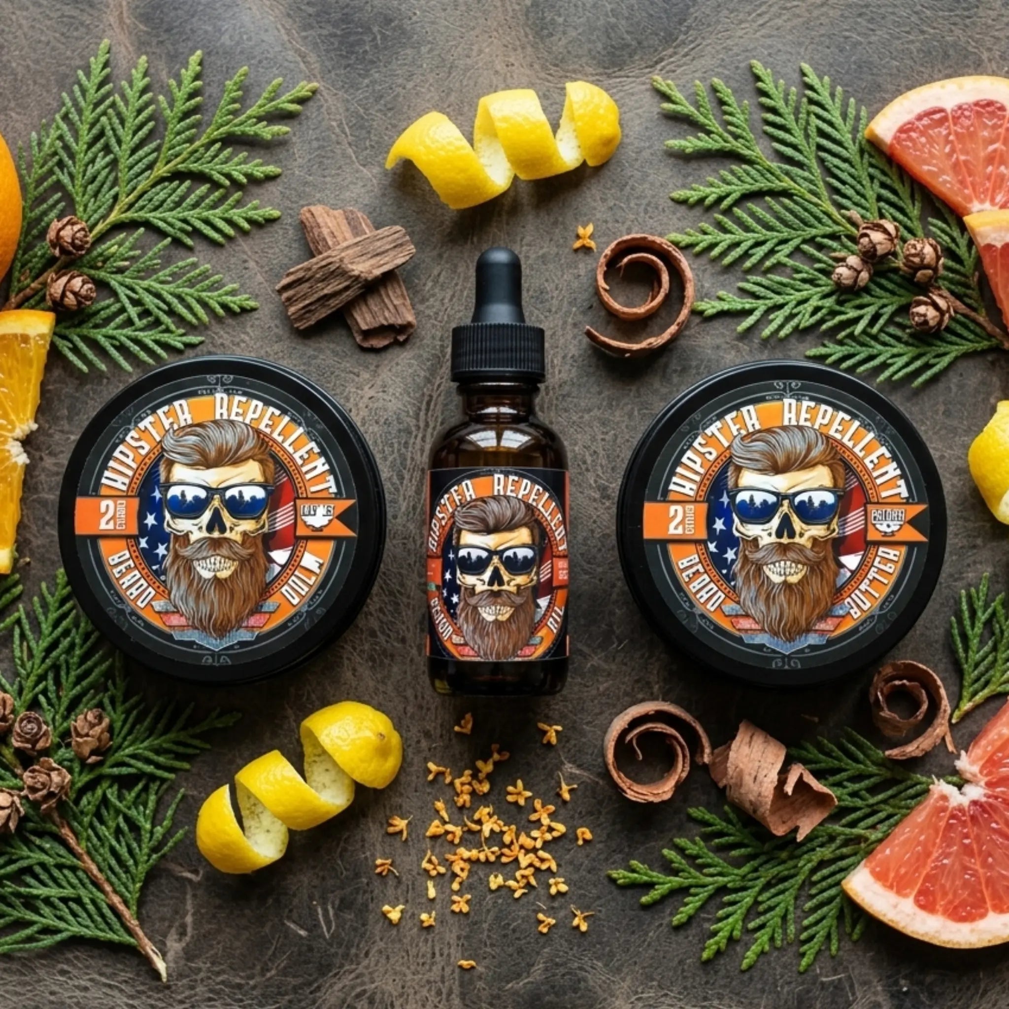 A sharp, focused close-up of the 2-ounce matte black tin of Hipster Repellent Beard Balm by Flagship Soap Company. The rugged bearded skull logo is prominent, highlighting the orange and orange-peel accents in the design that signal the citrus and cedarwood scent. The tin is displayed clearly against a soft, textured background,