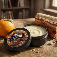A detailed close-up shot of an open, black matte tin of Hipster Repellent Beard Butter from Flagship Soap Company. The lid, featuring the iconic bearded skull logo with reflections in the sunglasses, rests beside the tin. The creamy, off-white texture of the deeply conditioning butter is clearly visible, flanked by a whole orange and raw cedar wood blocks on a rustic wooden table, emphasizing the citrus and cedarwood scent and moisturizing properties.