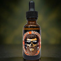 Hipster Repellent Beard Oil 1oz dropper bottle. Features a classic American flag background and a skull with a pompadour and sunglasses. A traditional, rugged Sandalwood and Bourbon scent to keep your beard looking authentic.