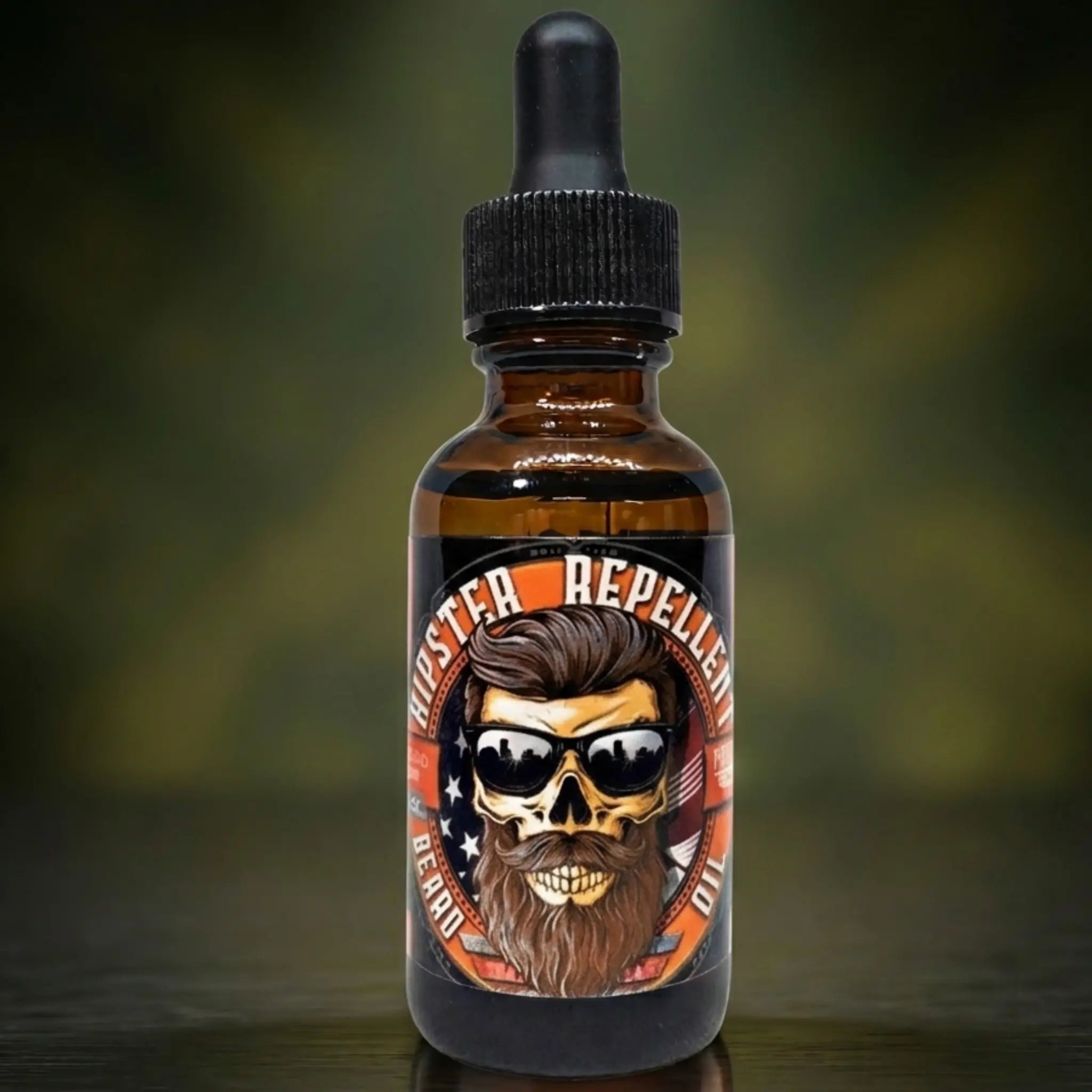 Hipster Repellent Beard Oil 1oz dropper bottle. Features a classic American flag background and a skull with a pompadour and sunglasses. A traditional, rugged Sandalwood and Bourbon scent to keep your beard looking authentic.