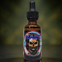 Patriot Series NARC Beard Oil in Birchwood and Oud scent. Features a neon 80s synth-wave style label with a bearded skull. A premium, complex cologne scent for a high-end, undercover look.