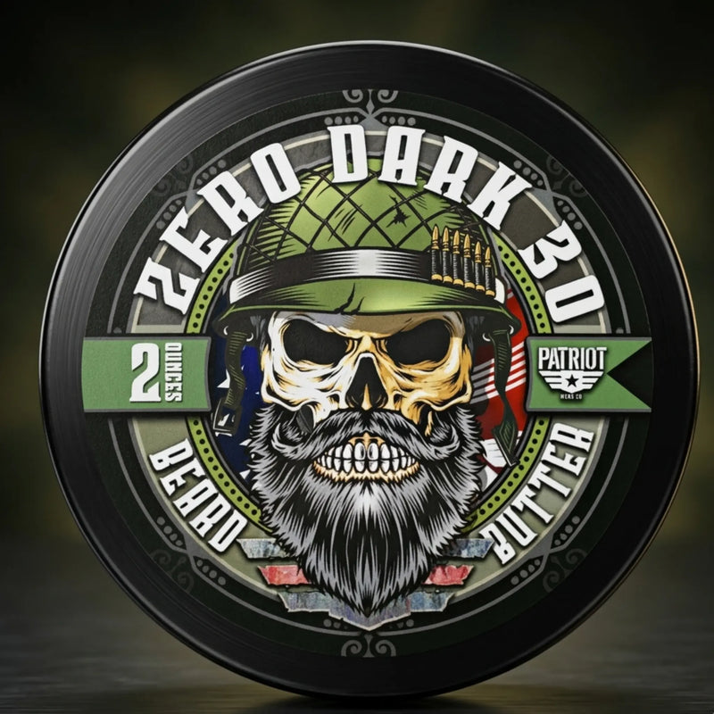Flagship Soap Company Zero Dark 30 beard butter in Spearmint and Coffee scent featuring a bearded skull in a military helmet with ammunition.