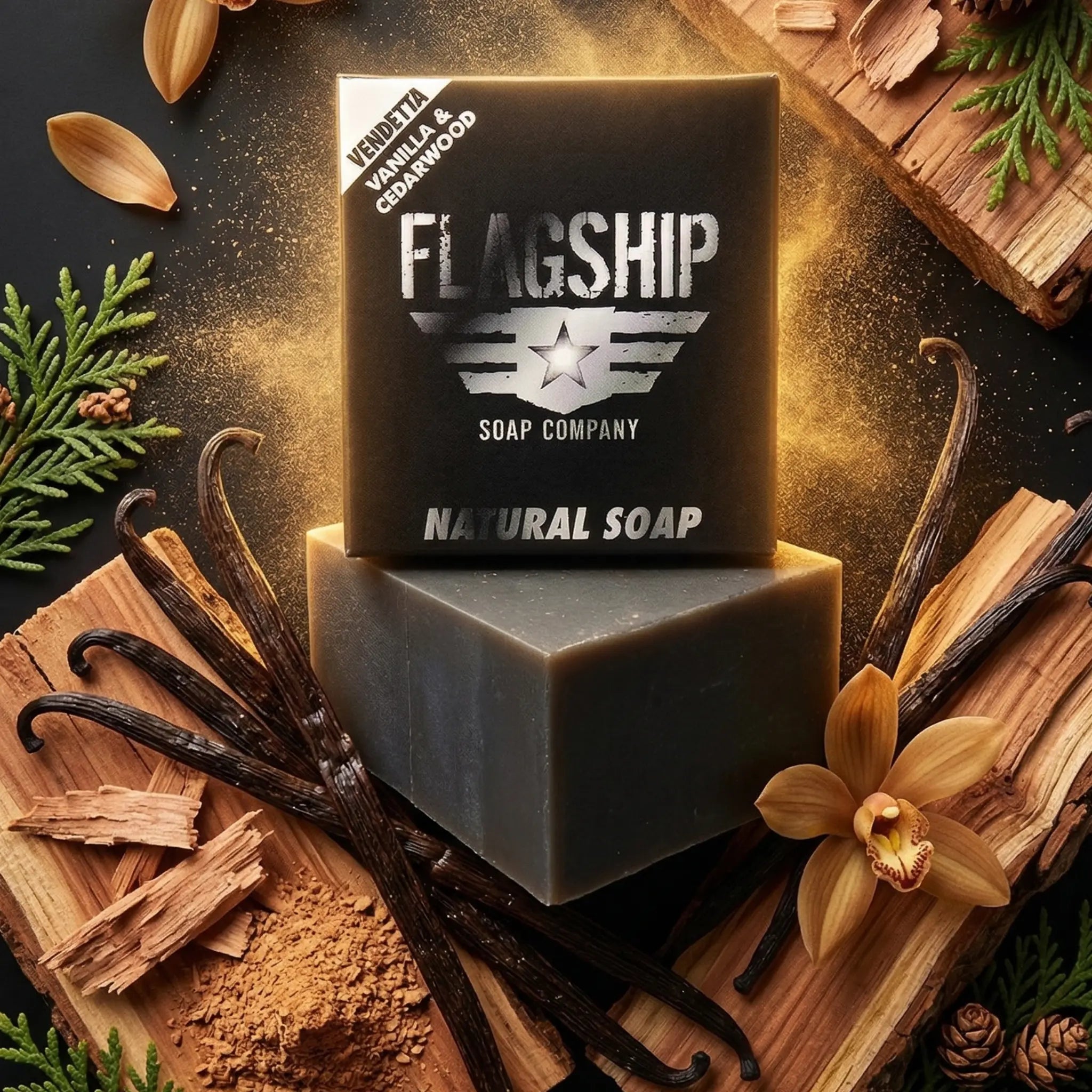 Top-down view of Flagship Soap Company’s Vendetta bar surrounded by raw ingredients: real vanilla pods, cedar branches, aromatic wood chips, and a dusting of activated charcoal powder on a dark, professional background.