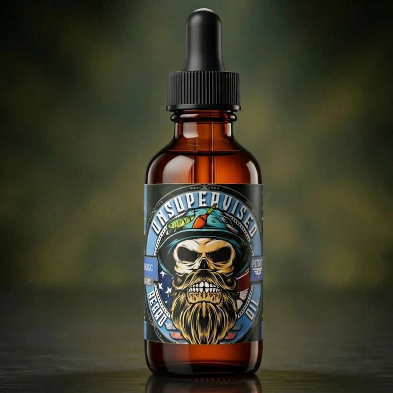 High-resolution studio shot of the top-selling Unsupervised beard oil amber bottle, infused with our signature masculine cologne scent.