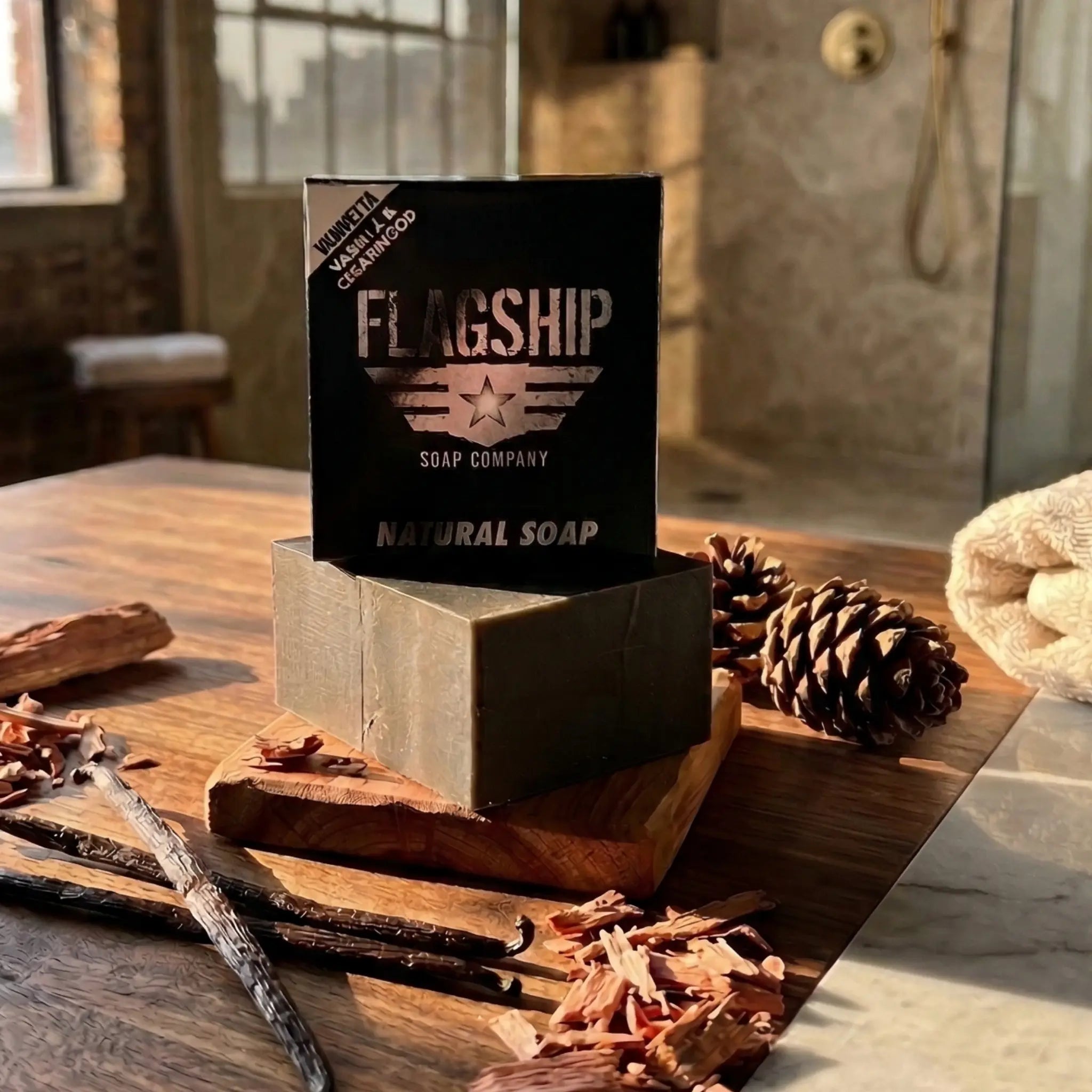 A bar of Vendetta natural soap by Flagship Soap Company on a rustic wooden tray. The scene features sweet vanilla beans, cedarwood shavings, and pinecones in a sunlit, modern bathroom to highlight the rugged scent profile.