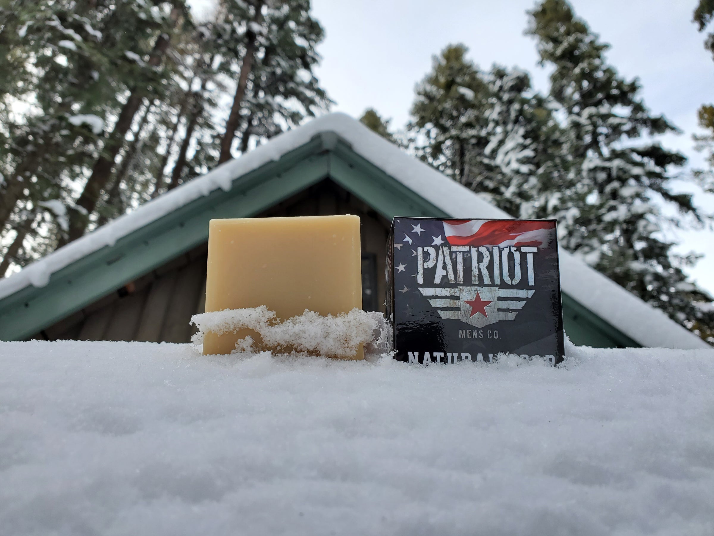 1776 Patriot And Company Natural Handmade Men's Soap Bay Rum with snow and cabin blue mountains Washington