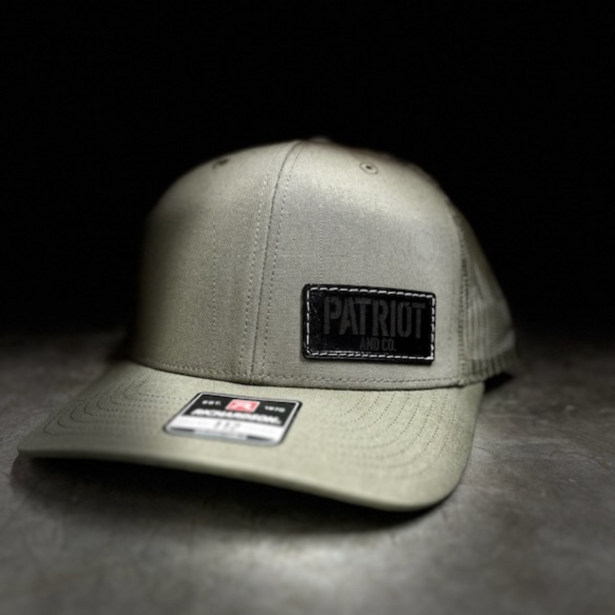 Patriot and Company OD green classic trucker with black leather patch and white sewing - Patriot Mens Company