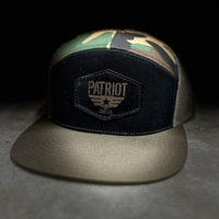 Patriot and Company 168, 7 panel hat with black leather patch and black sewing. - Patriot Mens Company