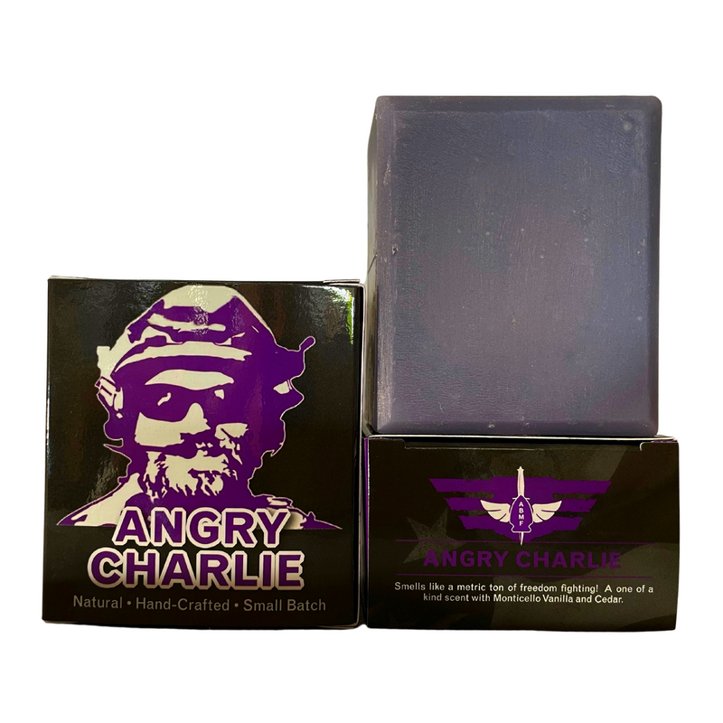 Angry Charlie Men's Natural Soap, vanilla and cedarwood, soap bar and soap box with Aaron Butler who was killed in action and the green beret insignia. Made by Patriot Mens Company