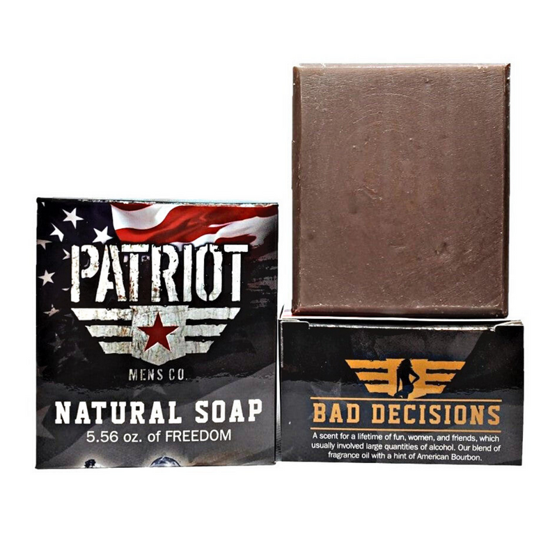 Bad Decisions Whiskey Natural Soap with bar of soap and soap box by Patriot and Company