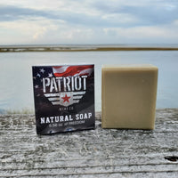Leather and Oakmoss Natural Men's Soap with ocean in background by Patriot and Company.