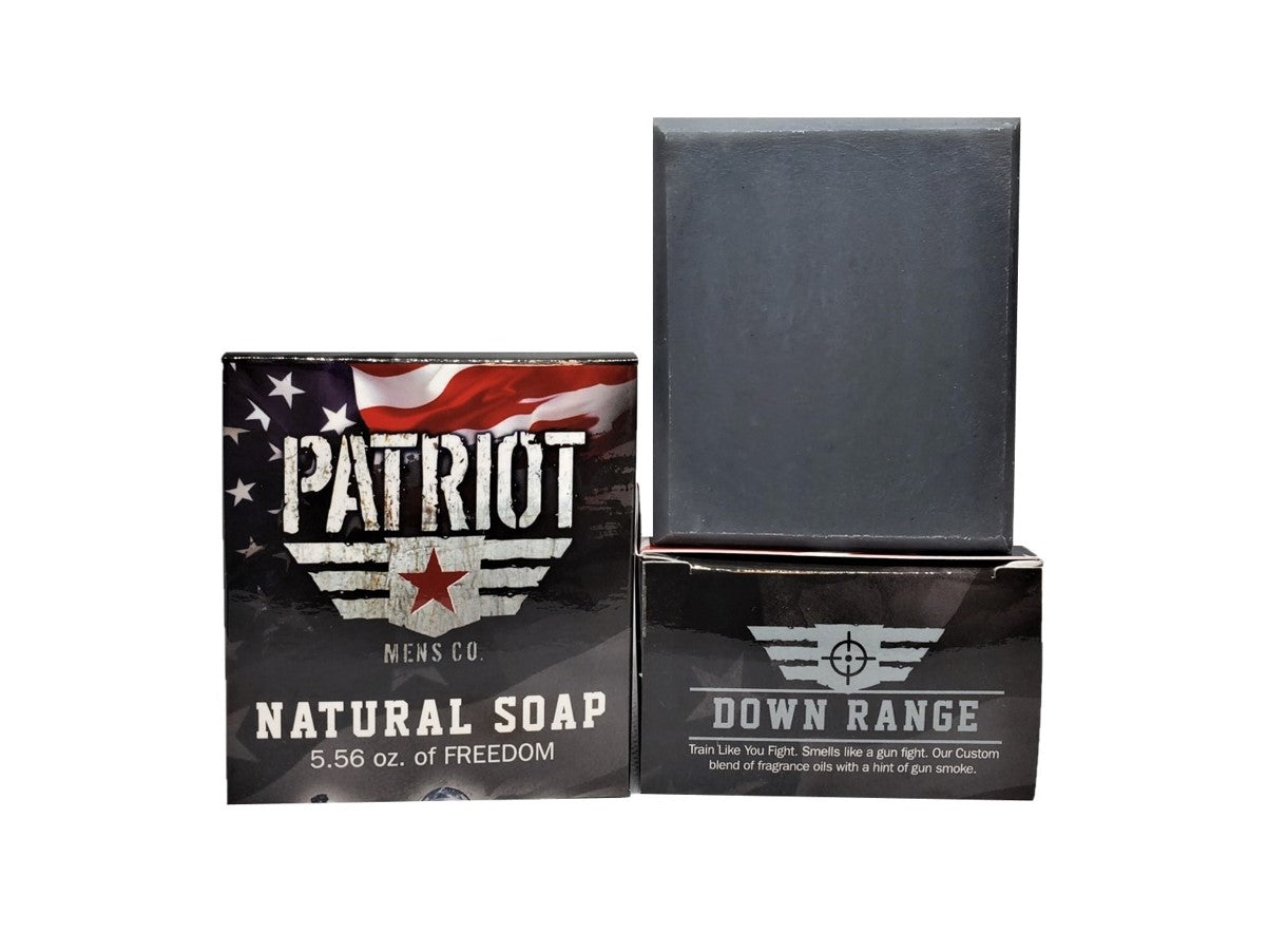 Down Range natural men's soap, smell's like gunpowder, by Patriot and Company activated charcoal soap with bar of soap and soap box.