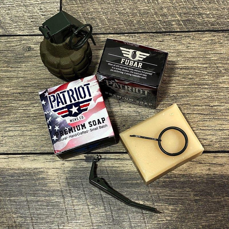 FUBAR Natural Men's Soap Patriot and Company Soap Front Soap Box and bar of soap with grenade and grenade pin on wood 