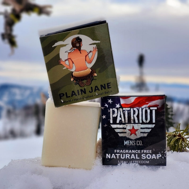 Fragrance Free Plain Jane Natural Men's Soap with bar of soap and soap box in Blue Mountains, Washington.