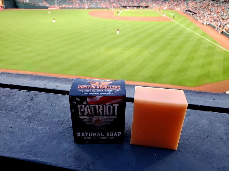 Hipster Repellent Natural Men's Soap Citrus Patriot and Company Baltimore Orioles Stadium with soap and soap box