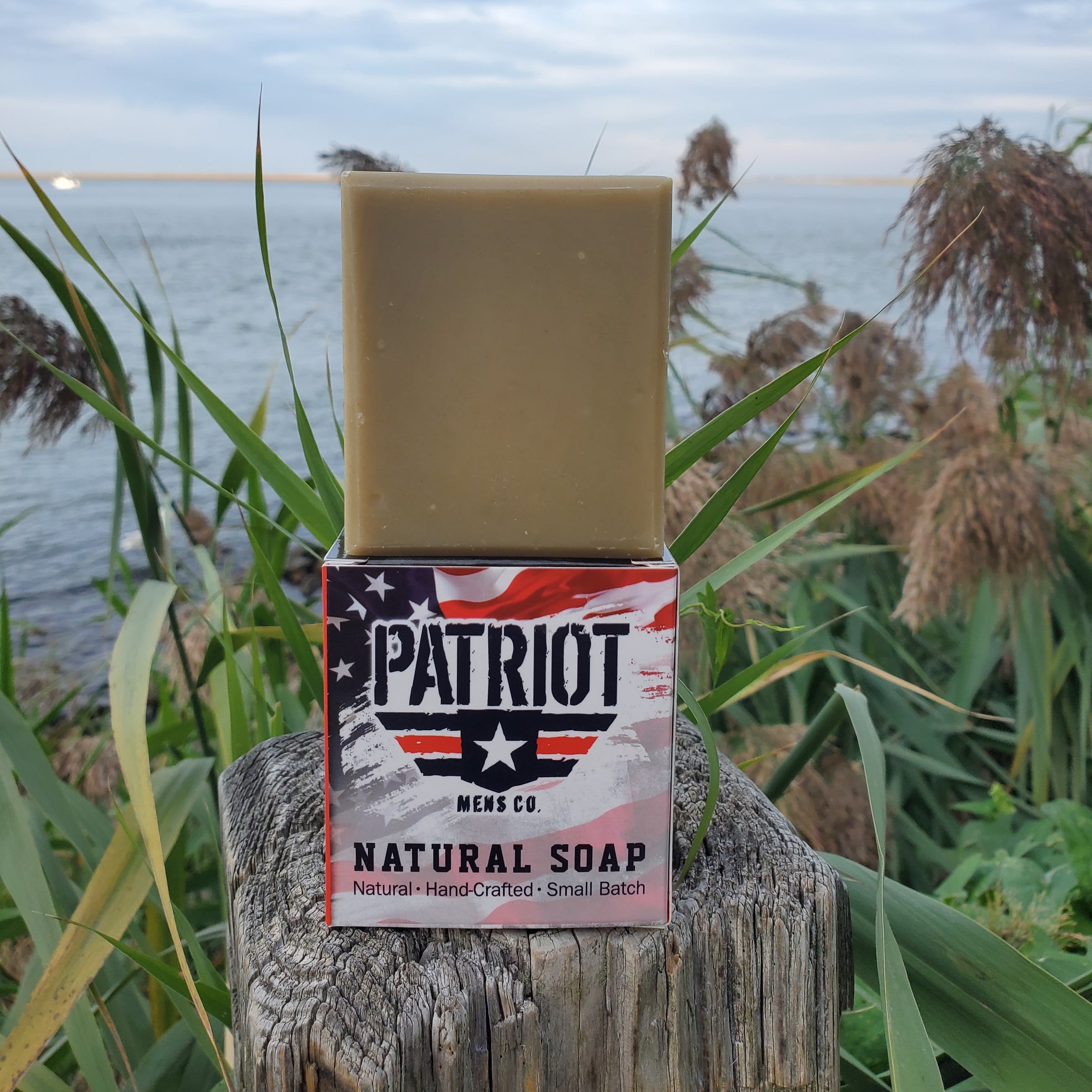Leather and Oakmoss Natural Men's Soap with ocean in background by Patriot and Company.