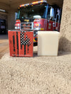 Hose Dragger natural men's soap for firefighters by Patriot and Company  soap and soap box with firetruck in background