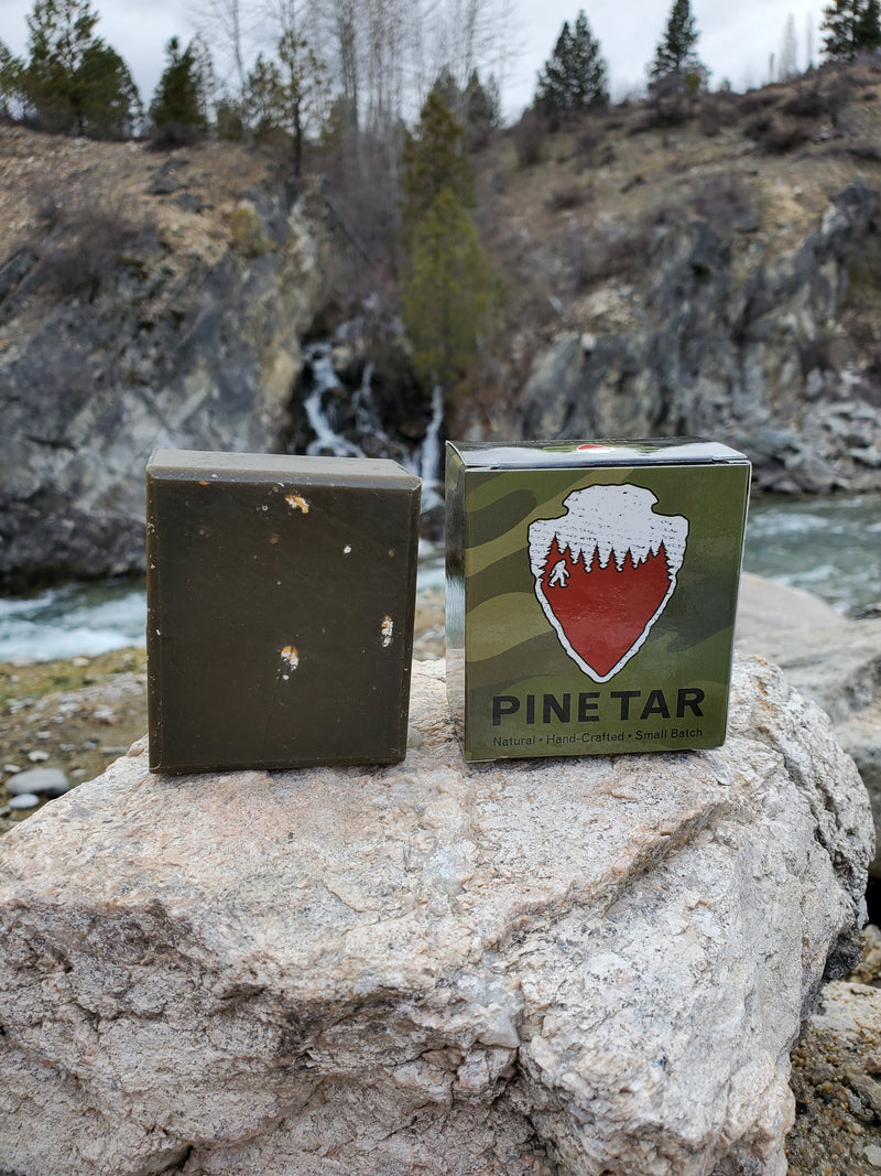 Pine Tar natural men's soap by Patriot and Company.  With 100% Pine Tar and Activated Charcoal alongside river in Central Idaho.