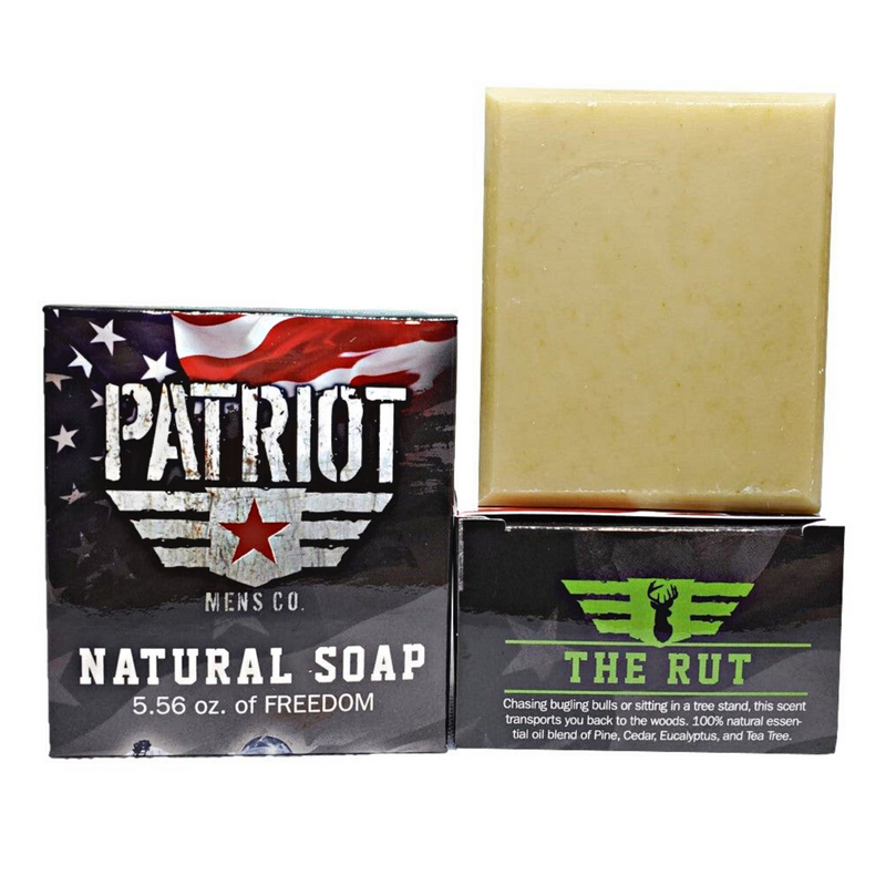 The Rut Hunting Soap Natural Men's Soap Patriot and Company Pine and Cedarwood soap box and soap against white background.