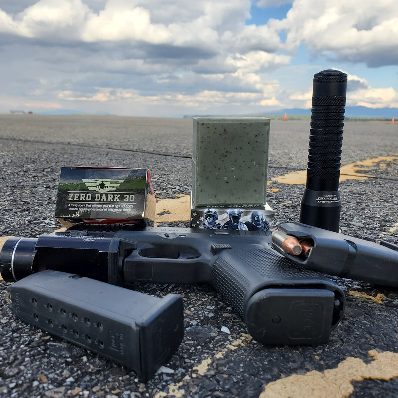 Zero Dark 30 Men's Natural Soap with Black Rifle Coffee and Spearmint Essential Oil Patriot and Company tools of the trade gun, flashlight, magazine