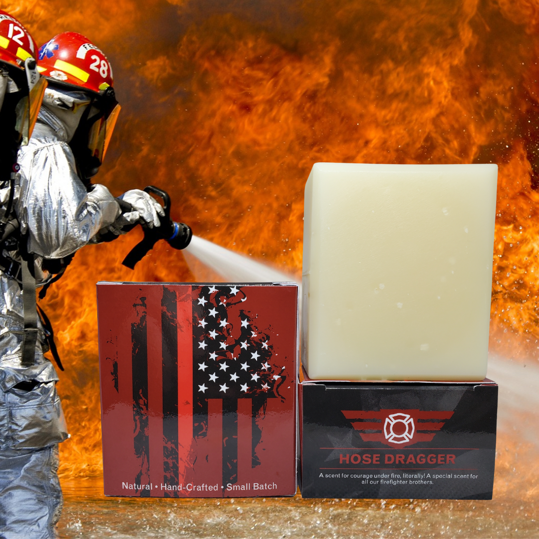 Hose Dragger natural men's soap for firefighters by Patriot and Company  soap box and soap with firefighter spraying a fire.